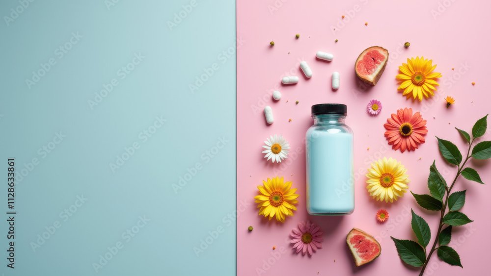 NAD+ supplement with a blend of vitamins and minerals on a pink background. NAD+ supplement with a blend of vitamins and minerals on a pink background.