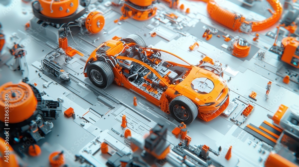 Fototapeta premium Optimizing futuristic factory line for solid-state battery production high-tech manufacturing facility industrial automation aerial perspective advanced energy solutions