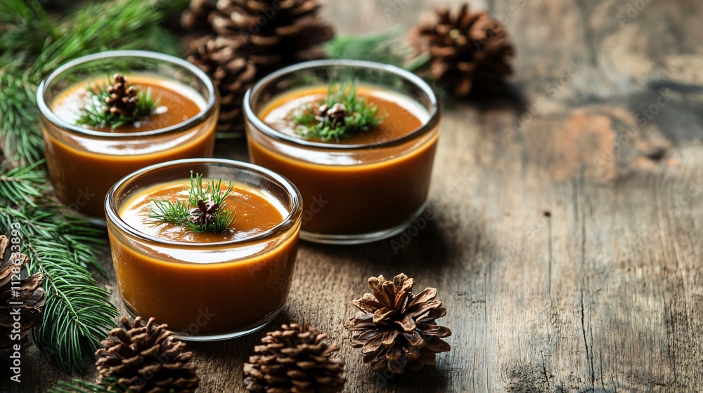 Elegant caramel pudding in glass ramekins, placed on a rustic wooden table with decorative pinecones and fresh herbs Elegant caramel pudding in glass ramekins, placed on a rustic wooden table with decorative pinecones and fresh herbs