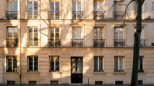 Obraz na płótnie Elegant Parisian building, minimalist architecture, complete wall with windows and doors, warm sunlight, serene urban scene, no people present. w salonie