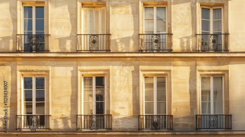 Elegant Parisian building, minimalist architecture, complete wall with windows and doors, warm sunlight, serene urban scene, no people present.