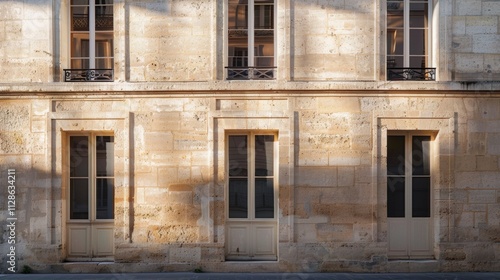 Elegant Parisian building, minimalist architecture, complete wall with windows and doors, warm sunlight, serene urban scene, no people present.
