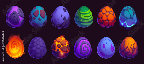 Dragon and dinosaur monster eggs, game asset. Vector UI elements of cartoon fantasy crystal ice, fire flame, magma and cracked stone eggs of dino reptile, fairytale dragon animal or phoenix bird