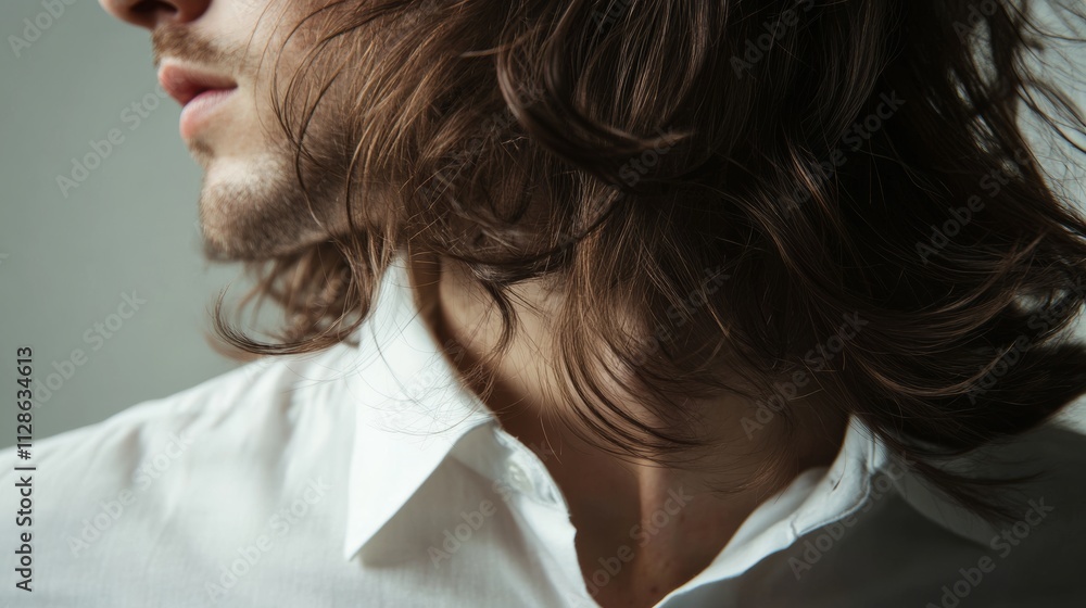 A young man with flowing hair wears a crisp white shirt, lost in thought as soft light highlights his features, embodying a mood of calm reflection and serene elegance. A young man with flowing hair wears a crisp white shirt, lost in thought as soft light highlights his features, embodying a mood of calm reflection and serene elegance.