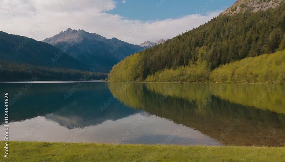 lake reflecting the majestic peaks and the surrounding lush forest, under a clear blue sky. lake reflecting the majestic peaks and the surrounding lush forest, under a clear blue sky.