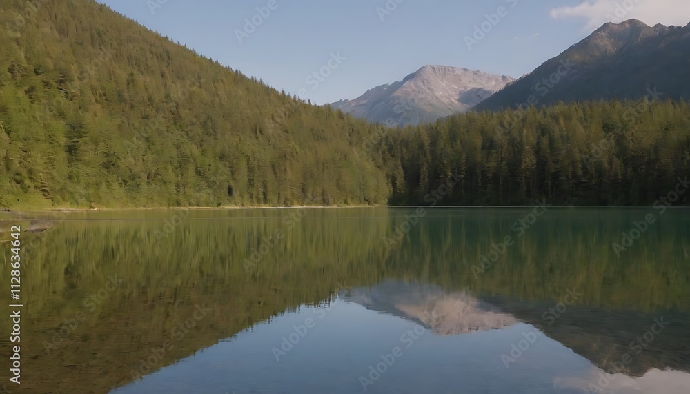 lake reflecting the majestic peaks and the surrounding lush forest, under a clear blue sky. lake reflecting the majestic peaks and the surrounding lush forest, under a clear blue sky.