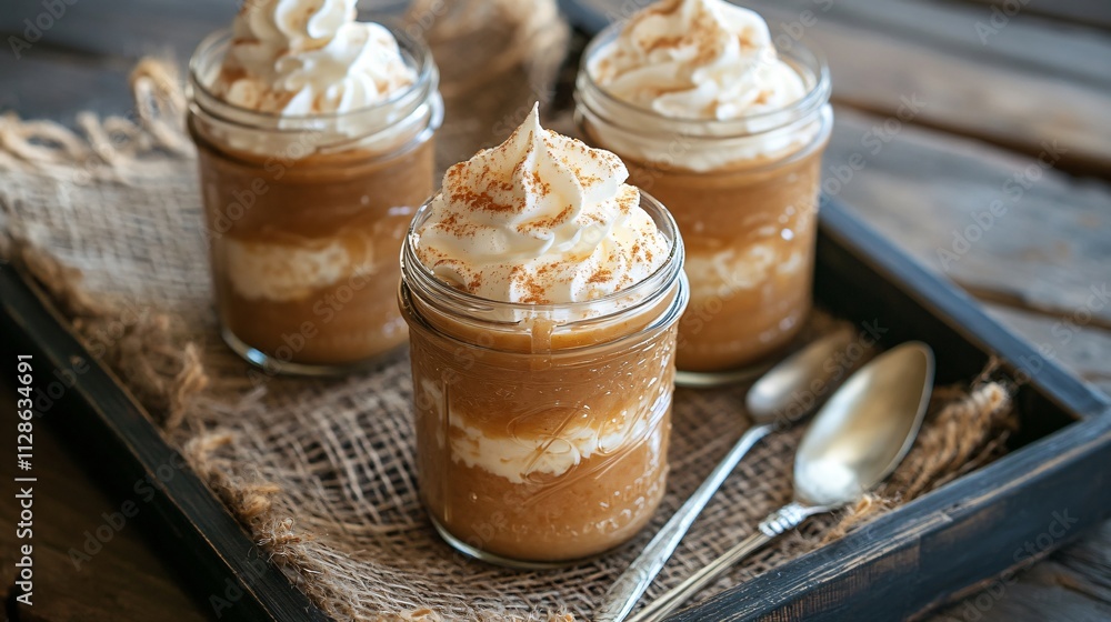 Rich butterscotch pudding topped with whipped cream, served in a mason jar on a burlap-lined tray Rich butterscotch pudding topped with whipped cream, served in a mason jar on a burlap-lined tray