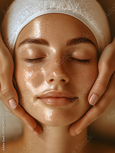 A serene close-up of a woman with glowing skin and closed eyes receiving a gentle facial massage. Her relaxed expression and the soft lighting evoke a sense of tranquility and pampering. photo