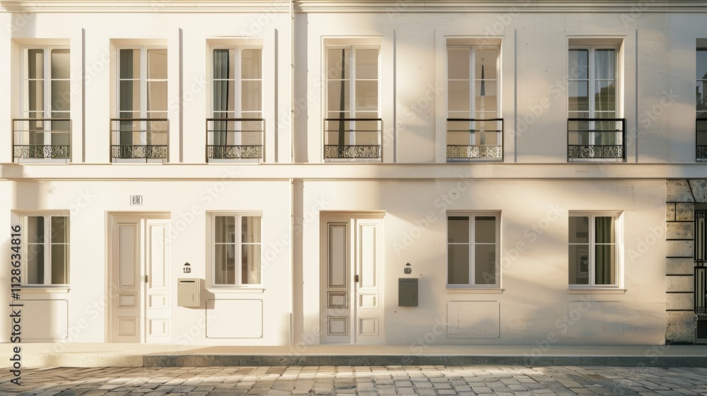 Elegant Parisian building, minimalist design, complete wall with windows and doors, sunny afternoon light, peaceful atmosphere, no people visible.