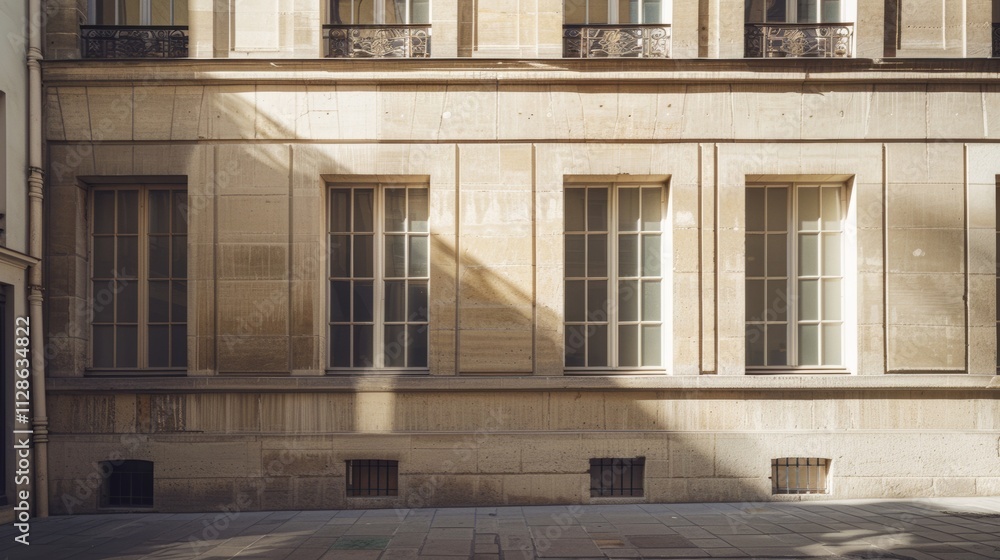 Fototapeta premium Elegant Parisian building, minimalist design, complete wall with windows and doors, sunny afternoon light, peaceful atmosphere, no people visible.