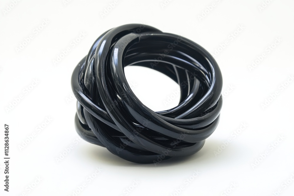 Large coil of black plastic tubing isolated white background Large coil of black plastic tubing isolated white background