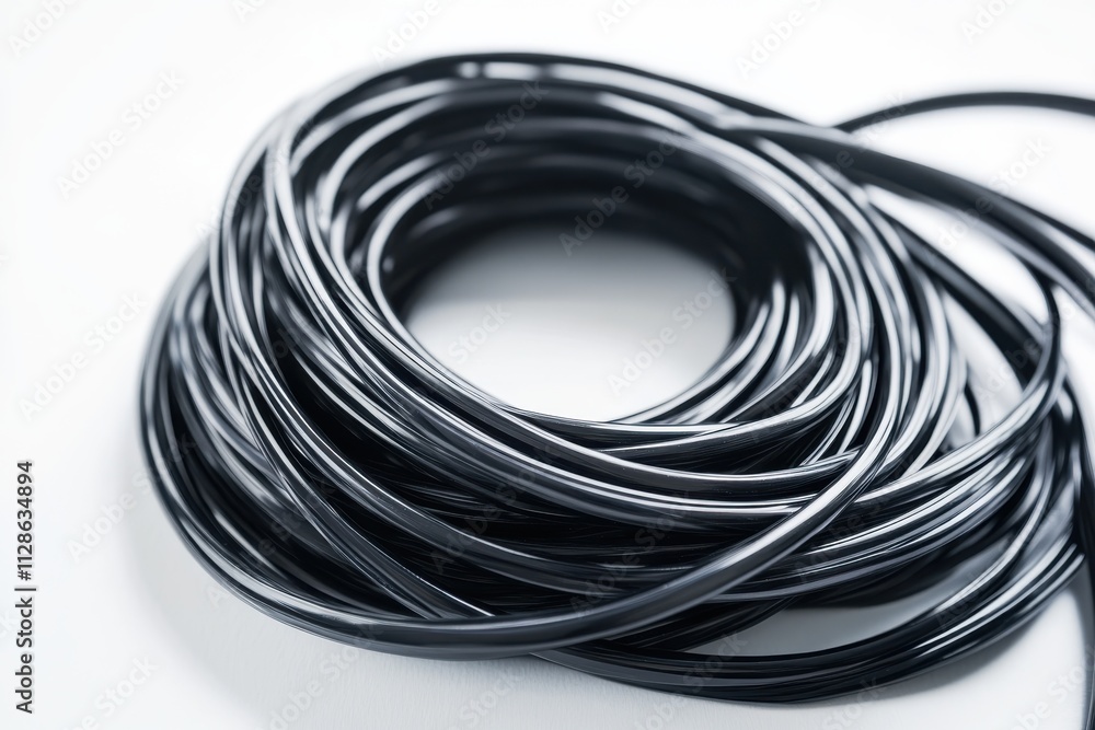 Large coil of black plastic tubing isolated white background Large coil of black plastic tubing isolated white background