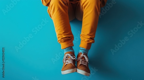 Vibrant Fashion Photography: A Close-Up Shot of Legs Clad in Mustard Yellow Joggers, Light Brown Sneakers, and Blue Striped Socks Against a Bold Teal Background. Stylish and Trendy Minimalist Fashion photo