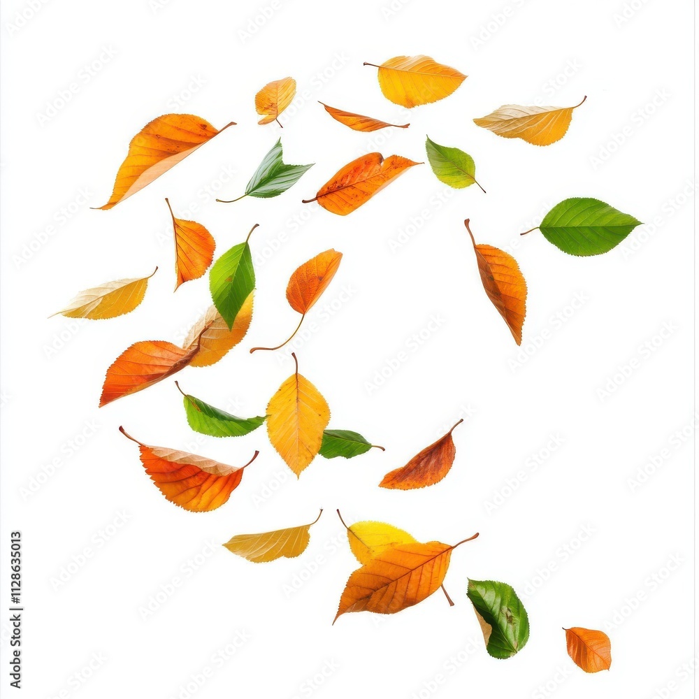 Fototapeta premium Leaves fluttering in the wind isolated on white background