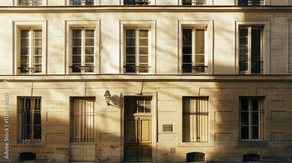 Elegant Parisian building, minimalist design, complete wall with windows and doors, warm sunlight, serene atmosphere, no people present.