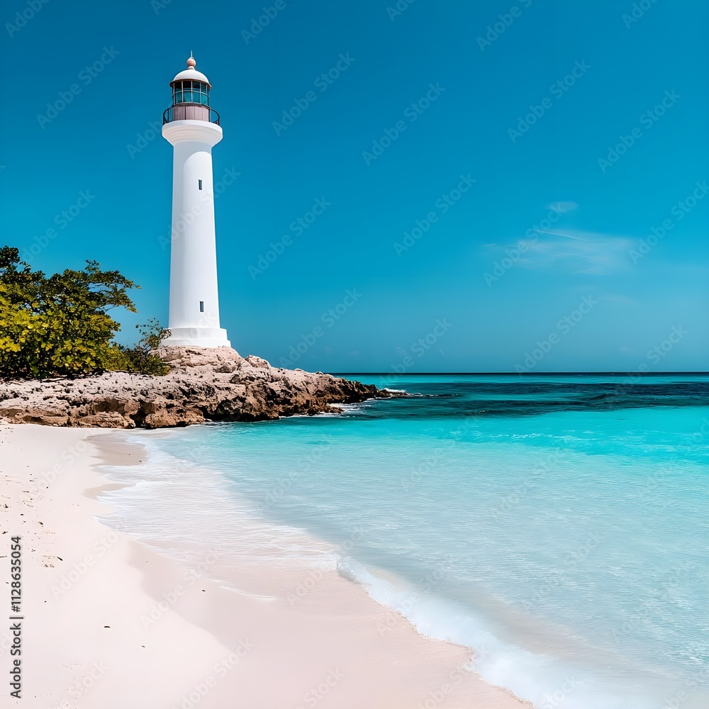 Scenic Coastal View Featuring a White Lighthouse Surrounded by Clear Blue Waters and Sandy Beach under a Bright Sunny Sky Scenic Coastal View Featuring a White Lighthouse Surrounded by Clear Blue Waters and Sandy Beach under a Bright Sunny Sky