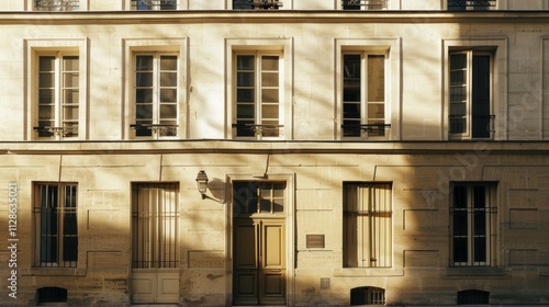 Obraz na płótnie Elegant Parisian building, minimalist design, complete wall with windows and doors, warm sunlight, serene atmosphere, no people present. w salonie