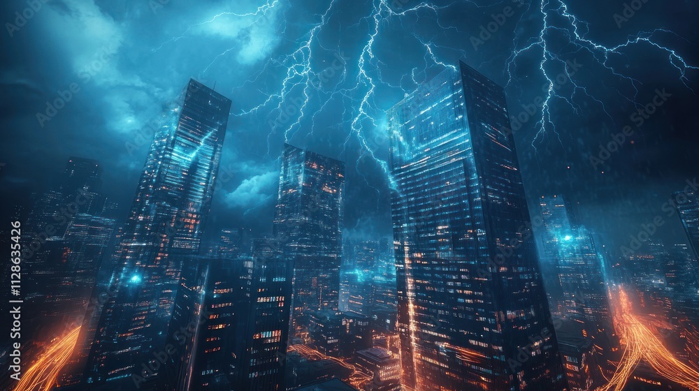 Obraz premium Cityscape Illuminated by Striking Nighttime Lightning