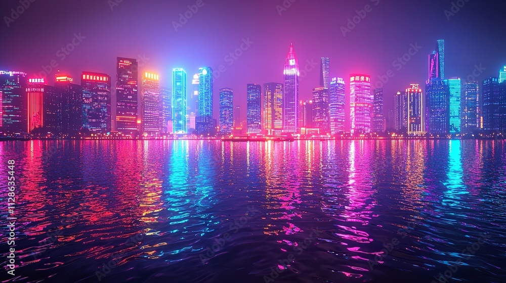 Fototapeta premium A Vibrant Cityscape with Glowing Neon Lights Reflected on Wet Streets