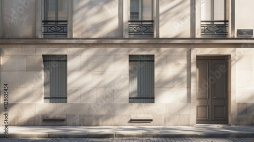 Obraz na płótnie Elegant Parisian building, minimalist design, facing a wall with windows and doors, sunny afternoon, peaceful atmosphere, no people visible. w salonie
