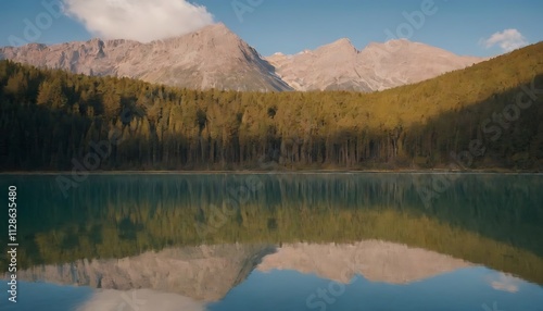 lake reflecting the majestic peaks and the surrounding lush forest, under a clear blue sky.