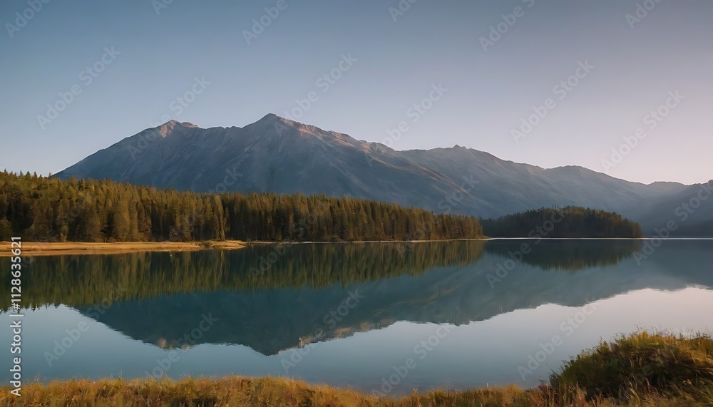 lake reflecting the majestic peaks and the surrounding lush forest, under a clear blue sky. lake reflecting the majestic peaks and the surrounding lush forest, under a clear blue sky.