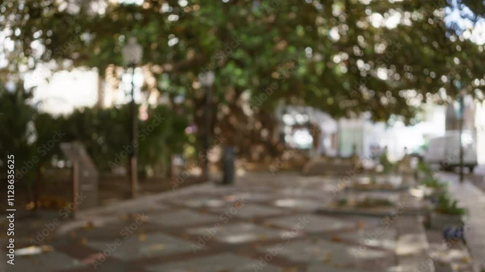 Outdoor scene with blurred background in a park showing defocused lamps, trees, and pavement in a bokeh effect Outdoor scene with blurred background in a park showing defocused lamps, trees, and pavement in a bokeh effect