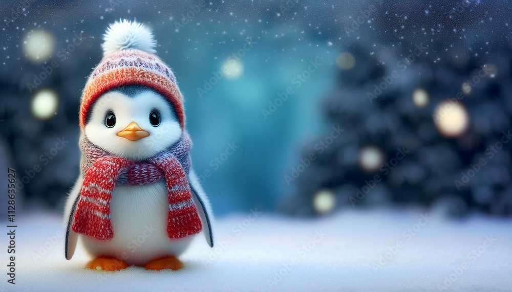 Little cute baby penguin on cold Winter Christmas day in warm clothes. Snowy background. Illustration of a small fictional creature from a child's imagination,copy text space Little cute baby penguin on cold Winter Christmas day in warm clothes. Snowy background. Illustration of a small fictional creature from a child's imagination,copy text space