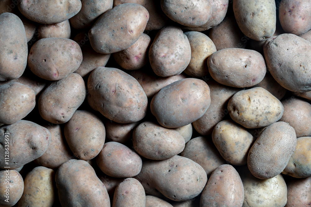 Ripe potato tubers harvest, closeup, top view. A starchy, carbohydrate rich root vegetable native to the Americas, the potato is consider a staple tuber food Ripe potato tubers harvest, closeup, top view. A starchy, carbohydrate rich root vegetable native to the Americas, the potato is consider a staple tuber food