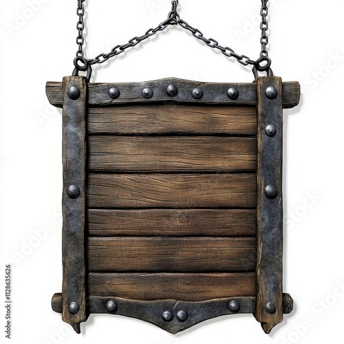 Medieval wooden sign hanging on chains isolated on white background photo