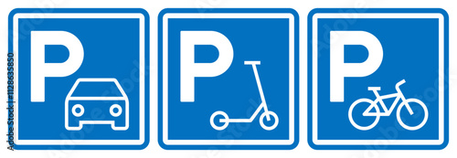 Car, scooter and bike parking sign, road symbol set. Parking public icons street place.