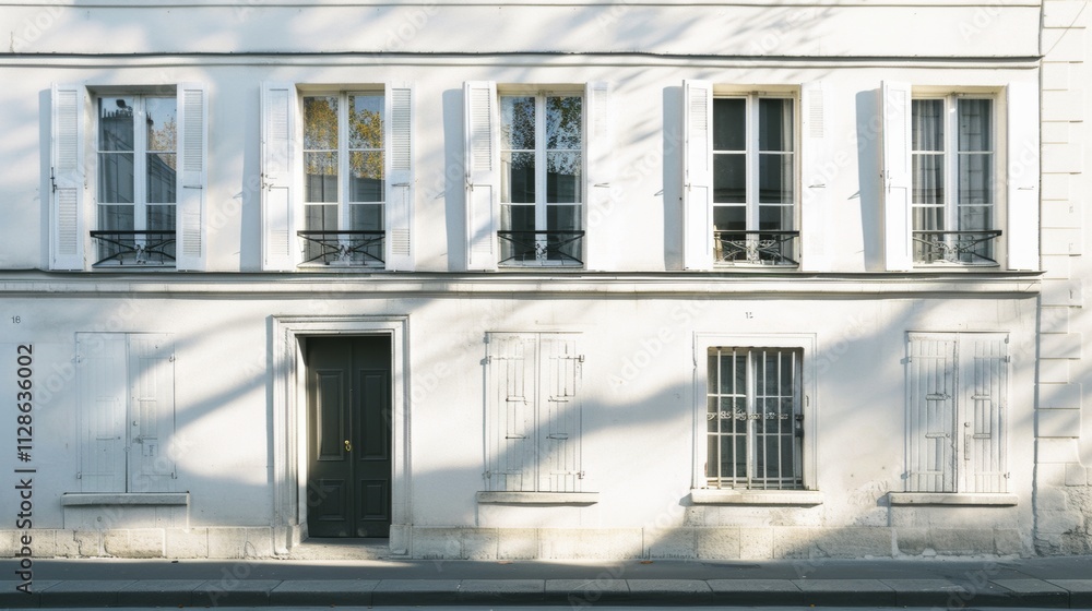 Elegant Parisian building, minimalist design, facing a wall with windows and doors, warm sunlight, peaceful urban scene, no people visible.