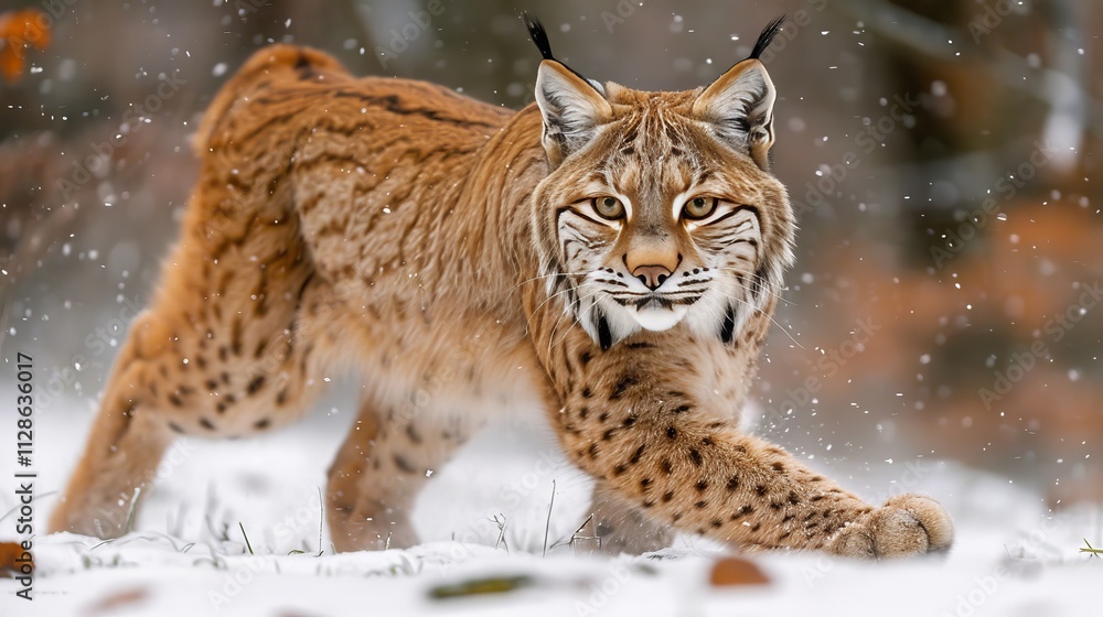 Lynx gracefully traversing a snowy forest landscape while diligently searching for food sources Lynx gracefully traversing a snowy forest landscape while diligently searching for food sources