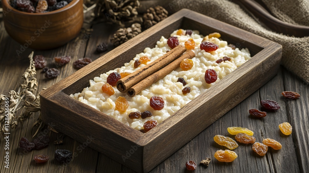 Rustic presentation of rice pudding with a cinnamon stick garnish, placed on a weathered wooden tray with dried fruits Rustic presentation of rice pudding with a cinnamon stick garnish, placed on a weathered wooden tray with dried fruits