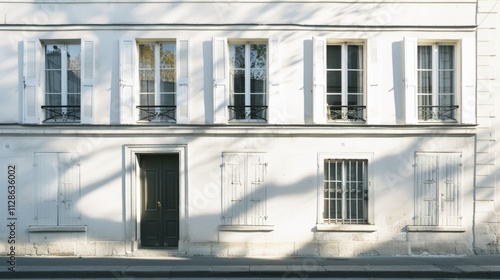 Obraz na płótnie Elegant Parisian building, minimalist design, facing a wall with windows and doors, warm sunlight, peaceful urban scene, no people visible. w salonie