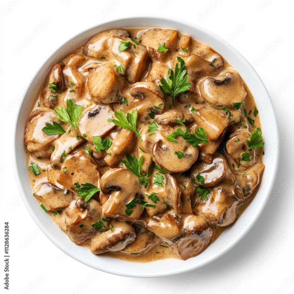 Mushroom Stroganoff isolated on white background, top view Mushroom Stroganoff isolated on white background, top view