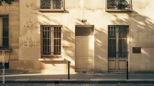 Obraz na płótnie Elegant Parisian building, minimalist design, facing a wall with windows and doors, sunny afternoon light, serene atmosphere, no people visible. w salonie