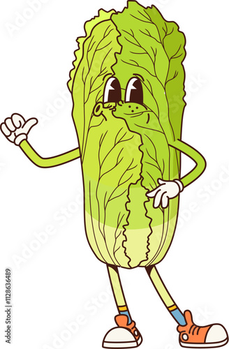 Funny groovy Chinese cabbage vegetable character with face, vector cartoon comic. Funky groovy napa cabbage with smile or happy emotion and thumb up gesture for salad vegetable hipster character
