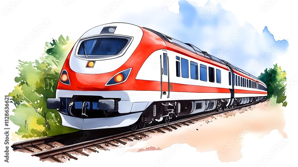 Naklejka premium Vibrant Red and White Train Passing Through Lush Greenery on a Bright Day with Blue Sky and Fluffy Clouds in the Background