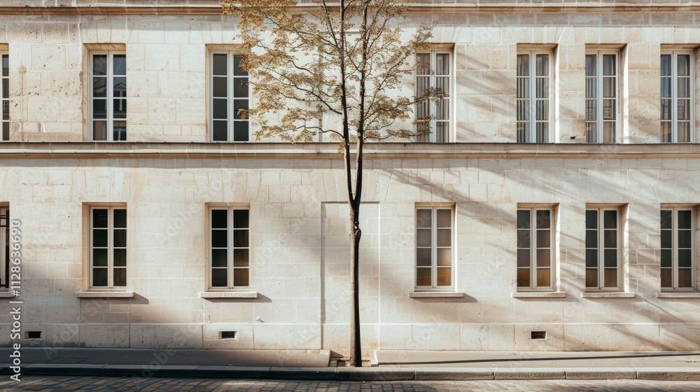 Elegant Parisian building, minimalist design, facing a wall with windows and doors, sunny afternoon, peaceful urban environment, no people visible.