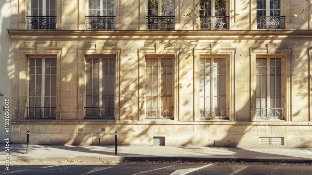 Elegant Parisian building, minimalist design, facing a wall with windows and doors, sunny afternoon, peaceful urban setting, no people visible.