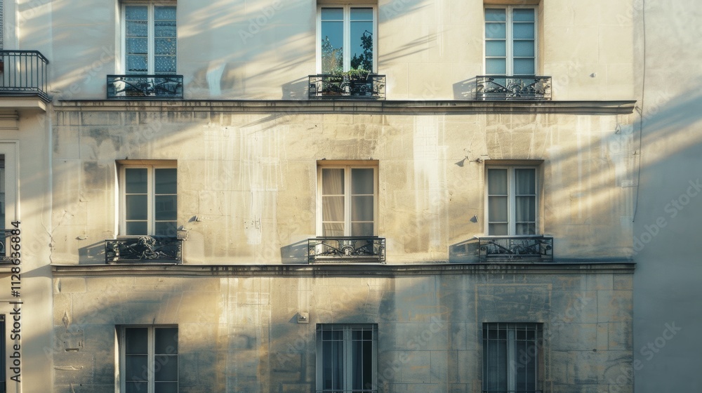 Elegant Parisian building, minimalist design, facing a wall with windows and doors, sunny afternoon, peaceful urban environment, no people visible.