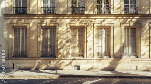 Elegant Parisian building, minimalist design, facing a wall with windows and doors, sunny afternoon, peaceful urban setting, no people visible.