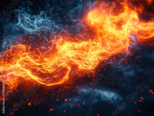 Dynamic flames dance across a dark background, creating a mesmerizing display of fiery energy. The intense orange and yellow hues contrast vividly with the smoky darkness, evoking power.