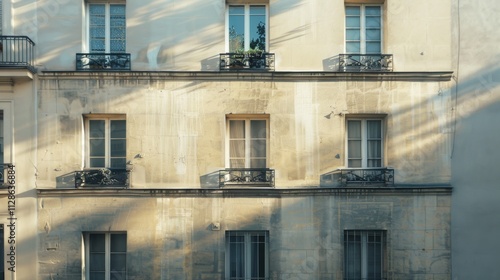 Obraz na płótnie Elegant Parisian building, minimalist design, facing a wall with windows and doors, sunny afternoon, peaceful urban environment, no people visible. w salonie