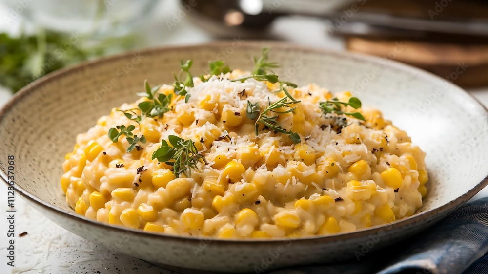Sweet corn risotto with creamy texture, garnished with fresh herbs and Parmesan, served in white bowl with elegant table setup Sweet corn risotto with creamy texture, garnished with fresh herbs and Parmesan, served in white bowl with elegant table setup