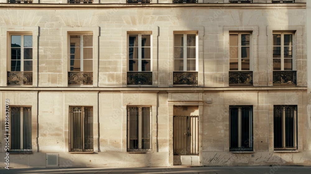 Fototapeta premium Elegant Parisian building, minimalist design, facing a wall with windows and doors, sunny afternoon, peaceful urban setting, no people visible.
