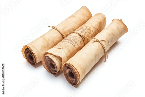 Old mediaeval paper sheet, parchment scroll isolated on white background