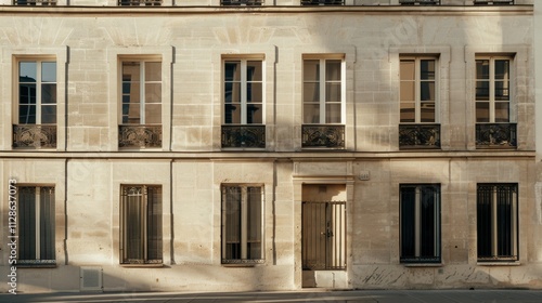 Elegant Parisian building, minimalist design, facing a wall with windows and doors, sunny afternoon, peaceful urban setting, no people visible.