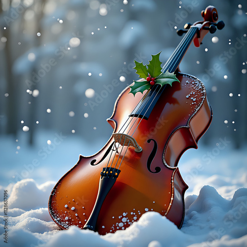 Winter Symphony: Classical Cello with Holly in Serene Snowy Forest Setting